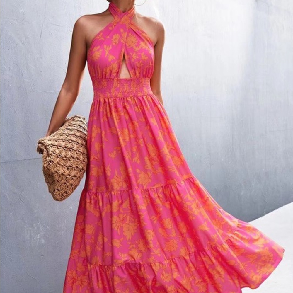 NEW pink and red halter maxi dress